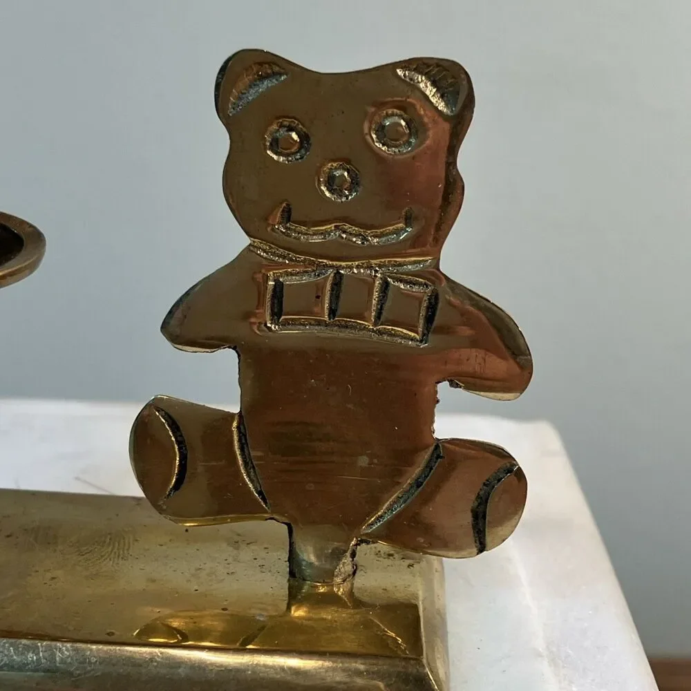 VTG HOSLEY SOLID BRASS TEDDY BEAR MINI CANDLEHOLDER .5” TAPER HANDCRAFTED INDIA